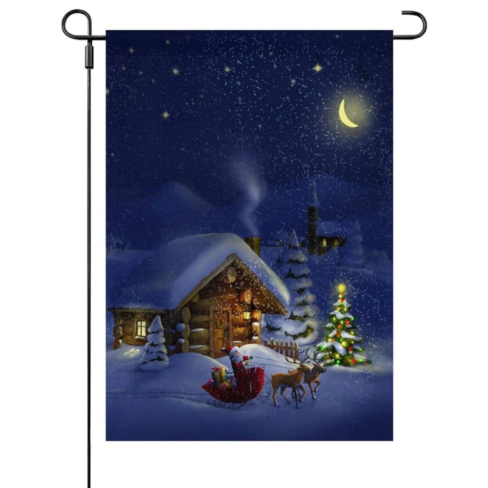Winter Night Garden Flag with Santa and Reindeer